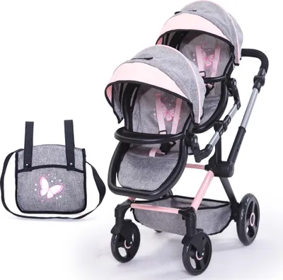 Produktbild von Bayer Design 26733AA Twin Xeo Butterfly Puppenwagen, Zwillingspuppenwagen, Geschwisterwagen, höhenverstellbar, Tasche, Jeans-grau, rosa
