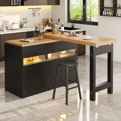 Produktbild von Merax Ausziehbarer Bartisch mit LED per APP, 360° drehbar, Kücheninsel mit Glastüren, Sideboard Esstisch mit Stauraum, Wohnzimmer, Schwarz
