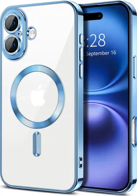Obrázek produktu pro Magnetické čiré pouzdro pro iPhone 16 Plus, kompatibilní s MagSafe, galvanicky pokovené ochranné pouzdro s ochranou fotoaparátu Světle modrá