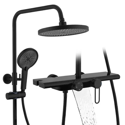 Produktbild von Homelody Duschsystem mit 400MM*110MM Große Lagerplattform, Wasserfall Regendusche Duschset mit Ablage, Handbrause 5 Funktionen, Schwarz