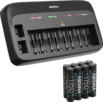 Produktbild von ABSINA Akkuladegerät für AA, AAA & 9V - Batterieladegerät inkl. 8x AAA 1150 Akkus NiMH - Ladegerät für Mirco, Mignon & 9V Akku