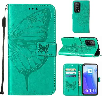 Produktbild von Xiaomi Poco M3 Pro 5G Hülle, Schmetterling Prägung Flip Leder Kartenfächer Schutzhülle Ledertasche mit Ständer für Xiaomi Redmi Note 10 5G / Poco M3 Pro 5G Grün