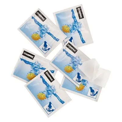 A pile of individually wrapped refreshment wipes with a graphic of water splashing on a yellow object.