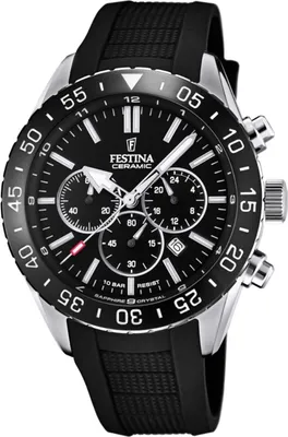 A close-up studio shot of a black Festina ceramic chronograph watch with a black rubber strap.