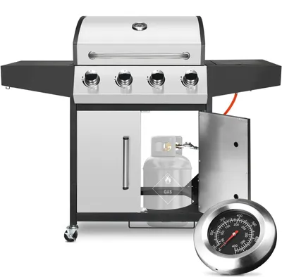 Produktbild von Gasgrill für Erdgas - 4+1 Brenner Grillwagen - 4x2,93 kW Hauptbrenner - 2,33 kW Seitenbrenner - Große Grillfläche Außenbereich - Edelstahl - Silber
