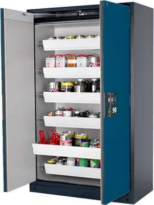 Produktbild von Gefahrstoffschrank - 1.953x1.193x615 mm - 6 Auszugswannen - Edelstahl - Front enzianblau