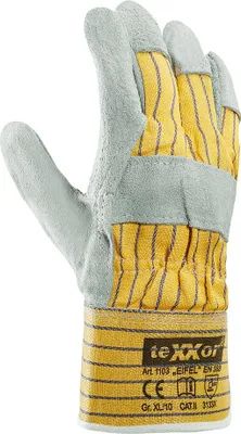 Produktbild von teXXor® Rindkernspaltleder-Handschuhe EIFEL, Leder Natur, Drell Gelb/Blau