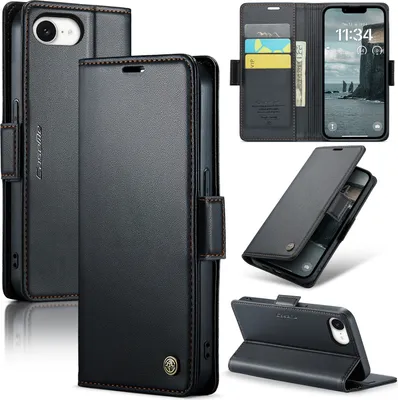 Immagine prodotto di Custodia per iPhone 16e, carta di blocco RFID, custodia in pelle avanzata con funzione di supporto Nero