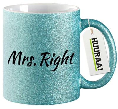 Produktbild von Huuraa Glitzertasse Mrs. Right Schriftzug 330ml Blau Keramik Kaffeebecher Geschenkidee