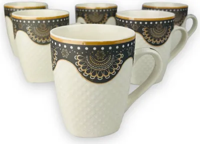Produktbild von 6er Set Dickwandige Kaffeetassen mit Muster aus Porzellan für 6 Personen Mäander 300.Ml NEU