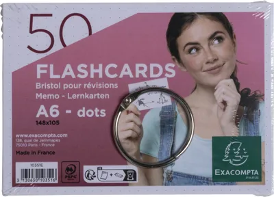 Image de Exacompta 19x 50 Flashcards + anneau bristol dots perforé A6 Blanc 10351E