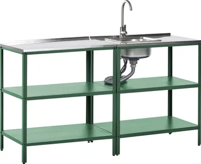 Produktbild von BELIANI Outdoor-Kücheninsel Grün Stahl 2er Set mit Spüle Edelstahlplatte Modern für Garten Draußen Ausstattung Outdoor-Küchenmöbel Gartenküche