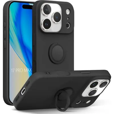Image de Coque pour iPhone 17 Pro Max, Protection Silicone Antichoc avec Anneau Rotatif - Noir