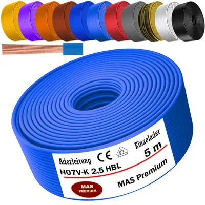 Immagine prodotto di Cavo di alimentazione H07 V-K, sezione 1x2,5 mm², colore azzurro chiaro, monofilo, flessibile, lunghezza 5 metri