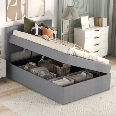 Produktbild von Merax Polsterbett 90x200cm Boxspringbett mit Lattenrost aus Metallrahmen, Großer Stauraum, Einzelbett Jugendbett, Grau