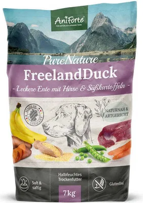 Produktbild von AniForte Ente Trockenfutter für Hunde 7kg – Leckere Ente mit Hirse, Süßkartoffel & Kräuter, Halbfeuchtes Trockenfutter glutenfrei, Hundefutter trocken