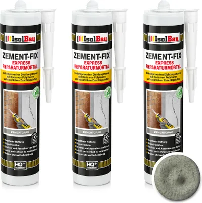 Produktbild von Isolbau Zement-Fix 3 x 300 ml Zementgrau Express Reperaturmörtel - Dichtungsmasse für Fugen & Risse im Innen- & Außenbereich, Kartusche