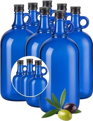 Produktbild von Blaue Glasflasche 1 L mit Ausgießer & Schraubverschluss – Vorrats-Flasche für Öl, Essig, Likör & Getränke (8x 1L)