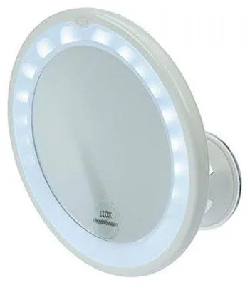 Obrázok produktu pre LED zrkadlo, biely plast, s veľmi jasnými LED svetlami, prísavná základňa, (umiestnite na hladký povrch, potom otočte základňu, aby sa pripevnila) otočné do všetkých smerov vďaka guľovému kĺbu, vrátane 3 x AAA batérií, Ø 17,5 cm