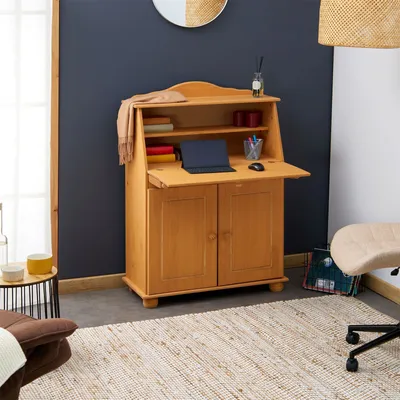 Produktbild von Sekretär DAVID aus Kiefer Massivholz, Gebeizt/Gewachst - Klappensekretär mit aufklappbarer Arbeitsfläche, Schreibtisch mit Stauraum für Büro oder Wohnzimmer im Landhausstil