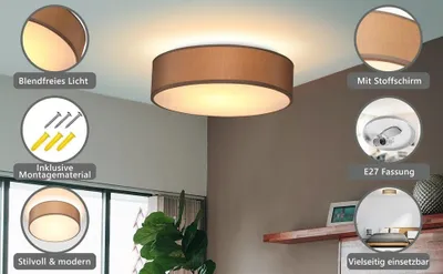 Produktbild von Deckenleuchte, Stoff, 30 cm, Taupe, E27-Fassung