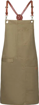 A studio shot of a khaki apron with leather straps.