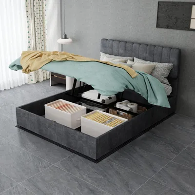 Produktbild von Polsterbett 140x200 cm Leinenbett mit LED-Beleuchtung, USB-Ladestation & 4 Schubladen, Inkl. Lattenrost, Stabiles Bettgestell Doppelbett Dunkelgrau