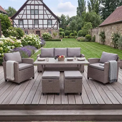 Produktbild von Poly-Rattan Garnitur MCW-E95, Garten-/Lounge-Set Sofa Sitzgruppe, Tischplatte WPC Spun Poly halbrundes Rattan grau