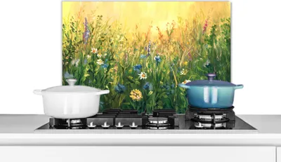 Produktbild von KitchenYeah®  Spritzschutz Küche - Küchenrückwand - Wandschutz für Herd und Spüle - Blumen - Aquarell - Sonne 70x50 - Alu-Dibond (Alternative zum Spritzschutz aus Glas) - Hitzebeständig - Herdspritzsc