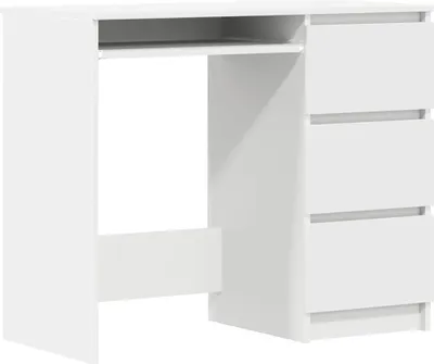 A white desk with three drawers on the right side and an open compartment on the left.