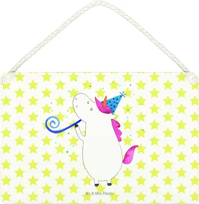 Produktbild von Mr. & Mrs. Panda Schild Einhorn Party DIN A4 - Weiß - Geschenk, kleine aufmerksamkeit, Alkohol, Geburtstag, Unicorn, Einhörner, Disco, holzbild, Türschild, Club, Konfetti