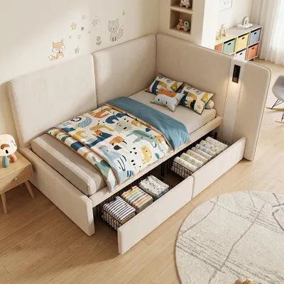 Produktbild von Polsterbett 90x200 cm Tagesbett mit 2 Schubladen, Samt Beige - Hochwertiges Schlafsofa inkl. USB/Typ-C & Leselampe, Platzsparendes Gästebett bis 150kg
