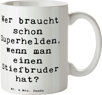 Produktbild von Mr. & Mrs. Panda Kaffeetasse Spruch Stiefbruder Held - Weiß - Geschenk, Persönliche Geschenke, Freundschaft, Unterstützung, kaffeebecher keramik, Dankeschön, Freude
