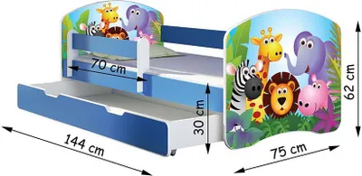 Image de ACMA lit d'adolescent lit d'enfant lit junior set complet avec matelas sommier à lattes et protection contre les chutes bleu 01 Zoo Nom 140x70 + coffre de lit