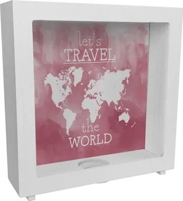 Produktbild von Rahmen Spardose aus Holz mit Weltkarten Motiv und Text - let's travel the world