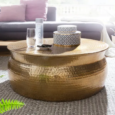 Obrázek produktu pro FineBuy Design – kulatý konferenční stolek 75 cm, kovový, zlatý – ručně vyrobený hliníkový stolek do obývacího pokoje s povrchovou úpravou „hammered“ – orientální plochý hliníkový stolek k pohovce