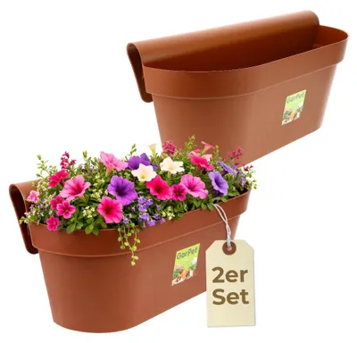 Produktbild von 2er Set Geländerkasten Balkon mit Wasserspeicher Blumentopf Zaun Blumenkasten Geländer Balkontopf Balkonkasten Blumenkasten Balkongeländer Pflanzkasten Terracotta