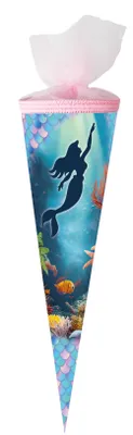 Produktbild von Nestler Schultüte 50cm rund Tüllverschluss mit Textilborte "Meerjungfrau"