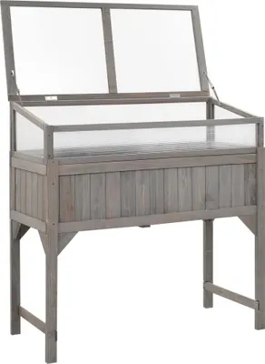 A wooden raised garden bed with a clear, hinged greenhouse lid, shown against a white background.
