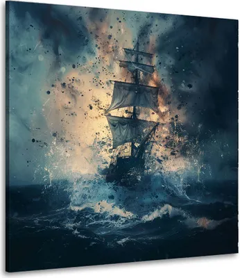 Produktbild von Segelschiff im Sturm Meer Landschaft Leinwandbild Wandbild Kunstdruck Wanddeko: 100x100x2cm