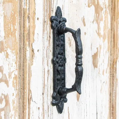 A black cast iron door handle with ornate detailing, mounted on a weathered wooden door.