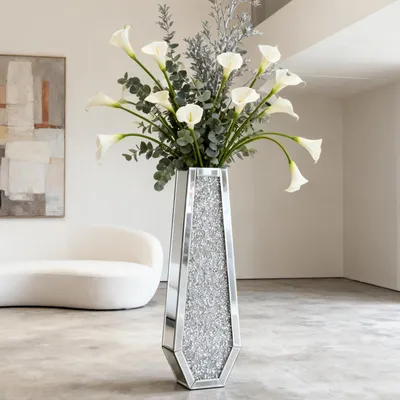 Produktbild von Bodenvase Groß 61,5cm verspiegeltes Glas mit Kristall Diamant Dekoration Silber