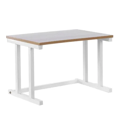 A simple, modern desk with a wooden top and white metal legs, shown against a white background.