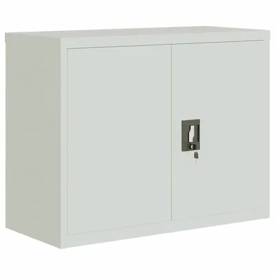 A light gray metal filing cabinet with two doors and a lock.