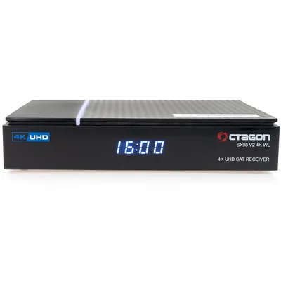 A black satellite receiver is shown against a white background.