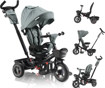 Produktbild von FableKids® 5in1 Noemi Dreirad mit Schubstange,Vorwärts & Rückwärtsfahrt,PU-Reifen, Freilauf, Korb, Tasche & Getränkehalter,ab18 Monate bis 25kg Grau