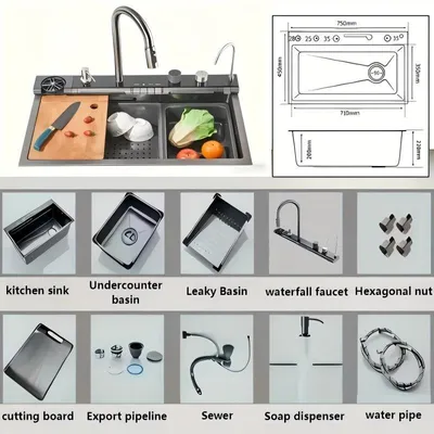 Image de Évier de cuisine – Évier – Lavabo – Lavabo – Bassin – Acier inoxydable, couleur gris anthracite – 75x45 cm – Un bac