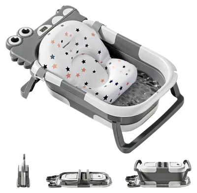 Produktbild von Faltbare Babybadewanne mit rutschfestem Badekissen - Babywanne mit Badewannensitz und Badethermometer - Von der Geburt bis 3 Jahre - Geschenke zur Geburt für Mädchen und Jungen (GRAU)