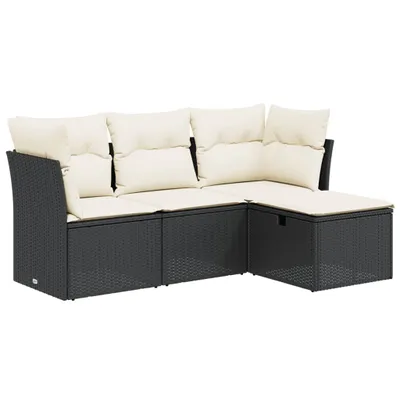 Produktbild von Modulares Garten-Sofaset, 4-teilig, für Terrasse & Balkon, aus Poly Rattan & pulverbeschichtetem Stahl, mit cremeweißen Kissen, UV-beständig, Schwarz