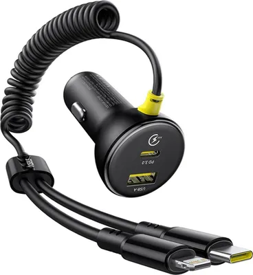 Produktbild von Baseus kreisfrmiges 60W Usb-A + Usb-C Autoladegert mit integriertem Lightning + Usb-C 1.4 M Kabel - Schwarz
